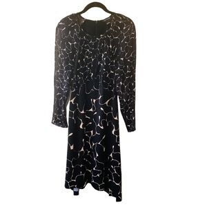 Club Monaco Silk Mixed Media Dress Black Tan Long Sleeve Abstract Print Luxury